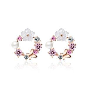 NEW S925 Round Multicolor Flowers and White Pearl Stud Earrings